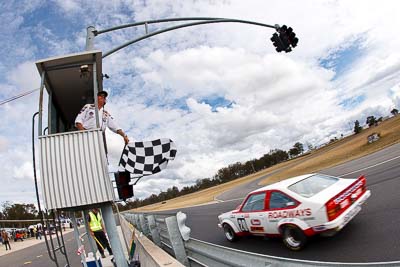 20;1977-Holden-Torana-A9X;25-July-2010;Australia;Group-C;Historic-Touring-Cars;Lindsay-Woollard;Morgan-Park-Raceway;QLD;Queensland;Warwick;auto;chequered-flag;classic;clouds;finish;fisheye;motorsport;racing;sky;vintage