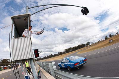 130;1976-Isuzu-Gemini;25-July-2010;Australia;Group-C;Historic-Touring-Cars;Morgan-Park-Raceway;Murray-Scoble;QLD;Queensland;Warwick;auto;chequered-flag;classic;clouds;finish;fisheye;motorsport;racing;sky;vintage