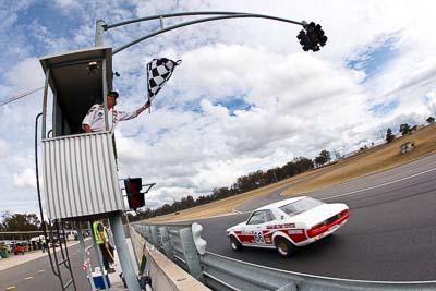 66;1977-Toyota-Celica-GT;25-July-2010;Australia;Doug-Clark;Group-C;Historic-Touring-Cars;Morgan-Park-Raceway;QLD;Queensland;Warwick;auto;chequered-flag;classic;clouds;finish;fisheye;motorsport;racing;sky;vintage