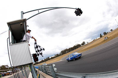 6;1971-Mazda-RX‒2;25-July-2010;Australia;Bob-Sudall;Group-N;Historic-Touring-Cars;Morgan-Park-Raceway;QLD;Queensland;Warwick;auto;chequered-flag;classic;clouds;finish;fisheye;motorsport;racing;sky;vintage