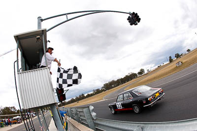 22;1972-Mazda-RX‒2;25-July-2010;Australia;Gary-Bonwick;Group-N;Historic-Touring-Cars;Morgan-Park-Raceway;QLD;Queensland;Warwick;auto;chequered-flag;classic;clouds;finish;fisheye;motorsport;racing;sky;vintage