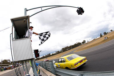 961;1972-Mazda-RX‒2;25-July-2010;Australia;Bill-Attard;Group-N;Historic-Touring-Cars;Morgan-Park-Raceway;QLD;Queensland;Warwick;auto;chequered-flag;classic;clouds;finish;fisheye;motorsport;racing;sky;vintage