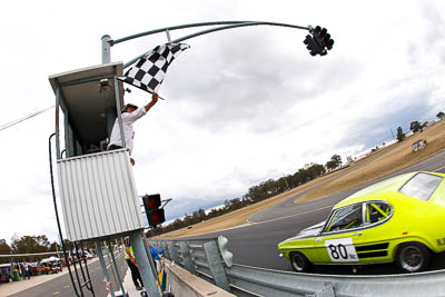 80;1970-Ford-Capri-V6;25-July-2010;Australia;Group-N;Historic-Touring-Cars;Morgan-Park-Raceway;QLD;Queensland;Steve-Land;Warwick;auto;chequered-flag;classic;clouds;finish;fisheye;motorsport;racing;sky;vintage