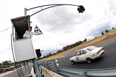 95;1972-Mazda-RX‒2;25-July-2010;Australia;Group-N;Historic-Touring-Cars;Matthew-Clift;Morgan-Park-Raceway;QLD;Queensland;Warwick;auto;chequered-flag;classic;clouds;finish;fisheye;motorsport;racing;sky;vintage