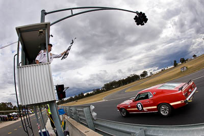 9;1969-Ford-Mustang;25-July-2010;Alan-Evans;Australia;Group-N;Historic-Touring-Cars;Morgan-Park-Raceway;QLD;Queensland;Warwick;auto;chequered-flag;classic;clouds;finish;fisheye;motorsport;racing;sky;vintage