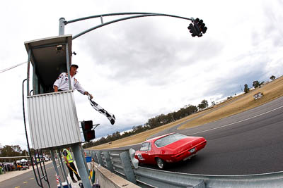 28;1971-Holden-Monaro;25-July-2010;Australia;Gary-Jackson;Group-N;Historic-Touring-Cars;Morgan-Park-Raceway;QLD;Queensland;Warwick;auto;chequered-flag;classic;clouds;finish;fisheye;motorsport;racing;sky;vintage