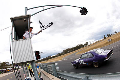 90;1972-Holden-Torana-XU‒1;25-July-2010;Australia;Carol-Jackson;Group-N;Historic-Touring-Cars;Morgan-Park-Raceway;QLD;Queensland;Warwick;auto;chequered-flag;classic;clouds;finish;fisheye;motorsport;racing;sky;vintage