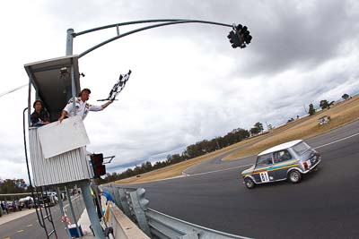 81;1967-Morris-Cooper-S;25-July-2010;Australia;Group-N;Historic-Touring-Cars;Jill-Nelson;Morgan-Park-Raceway;QLD;Queensland;Warwick;auto;chequered-flag;classic;clouds;finish;fisheye;motorsport;racing;sky;vintage