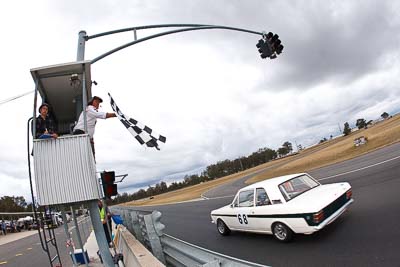 68;1968-Ford-Cortina-240-Mk-II;25-July-2010;Australia;Group-N;Historic-Touring-Cars;Kevin-Moore;Morgan-Park-Raceway;QLD;Queensland;Warwick;auto;chequered-flag;classic;clouds;finish;fisheye;motorsport;racing;sky;vintage