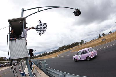 75;1964-Morris-Cooper-S;25-July-2010;Australia;Group-N;Guy-Vickerman;Historic-Touring-Cars;Morgan-Park-Raceway;QLD;Queensland;Warwick;auto;chequered-flag;classic;clouds;finish;fisheye;motorsport;racing;sky;vintage