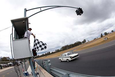 171;1963-Ford-Cortina;25-July-2010;Australia;Gregory-Meredith;Group-N;Historic-Touring-Cars;Morgan-Park-Raceway;QLD;Queensland;Warwick;auto;chequered-flag;classic;clouds;finish;fisheye;motorsport;racing;sky;vintage