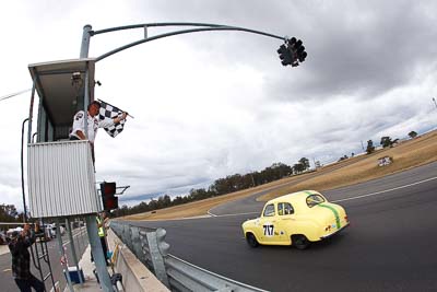 717;1952-Austin-A30;25-July-2010;Allan-Bryson;Australia;Group-N;Historic-Touring-Cars;Morgan-Park-Raceway;QLD;Queensland;Warwick;auto;chequered-flag;classic;clouds;finish;fisheye;motorsport;racing;sky;vintage