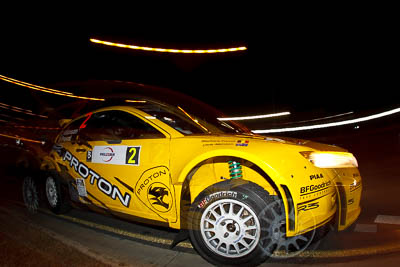 2;30-July-2010;APRC;Asia-Pacific-Rally-Championship;Australia;Caloundra;Chris-Atkinson;Proton-Satria-Neo-S2000;QLD;Queensland;Stephane-Prevot;Sunshine-Coast;auto;fisheye;motion-blur;motorsport;night;racing