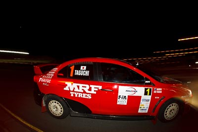 1;30-July-2010;APRC;Asia-Pacific-Rally-Championship;Australia;Caloundra;Chris-Murphy;Evo-10;Katsu-Taguchi;Mitsubishi-Lancer;Mitsubishi-Lancer-Evolution-X;QLD;Queensland;Sunshine-Coast;Team-MRF;auto;fisheye;motion-blur;motorsport;night;racing