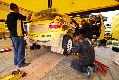 4;31-July-2010;APRC;Alister-McRae;Asia-Pacific-Rally-Championship;Australia;Bill-Hayes;Imbil;Proton-Satria-Neo-S2000;QLD;Queensland;Sunshine-Coast;auto;motorsport;racing;service-centre;service-park;wide-angle