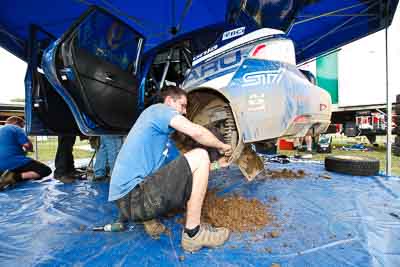 9;31-July-2010;APRC;Asia-Pacific-Rally-Championship;Australia;Ben-Searcy;Imbil;Jean‒Louis-Leyraud;QLD;Queensland;Subaru-Impreza-WRX-STI;Sunshine-Coast;auto;motorsport;racing;service-centre;service-park;wide-angle