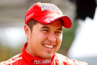 31-July-2010;APRC;Asia-Pacific-Rally-Championship;Australia;Imbil;QLD;Queensland;Rifat-Sungkar;Sunshine-Coast;Topshot;auto;motorsport;portrait;racing;service-centre;service-park;telephoto