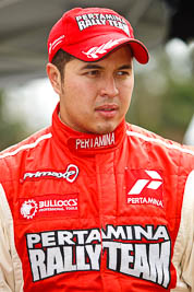 31-July-2010;APRC;Asia-Pacific-Rally-Championship;Australia;Imbil;QLD;Queensland;Rifat-Sungkar;Sunshine-Coast;auto;motorsport;portrait;racing;service-centre;service-park;telephoto