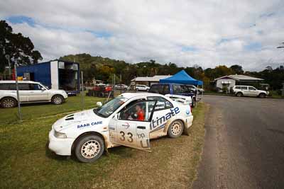 33;31-July-2010;Australia;Evo-6;Imbil;Kent-Lawrence;Mitsubishi-Lancer;Mitsubishi-Lancer-Evolution-VI;QLD;QRC;Queensland;Queensland-Rally-Championship;Stephen-Andrews;Sunshine-Coast;auto;clouds;motorsport;racing;service-centre;service-park;sky;wide-angle