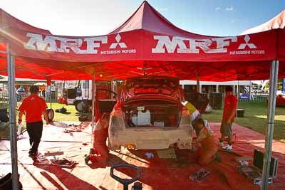 1;31-July-2010;APRC;Asia-Pacific-Rally-Championship;Australia;Chris-Murphy;Evo-10;Imbil;Katsu-Taguchi;Mitsubishi-Lancer;Mitsubishi-Lancer-Evolution-X;QLD;Queensland;Sunshine-Coast;Team-MRF;auto;motorsport;racing;service-centre;service-park;wide-angle