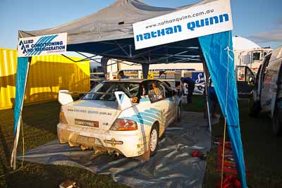 6;31-July-2010;APRC;Asia-Pacific-Rally-Championship;Australia;David-Green;Evo-9;Imbil;Mitsubishi-Lancer;Mitsubishi-Lancer-Evolution-IX;Nathan-Quinn;QLD;Queensland;Sunshine-Coast;auto;motorsport;racing;service-centre;service-park;wide-angle