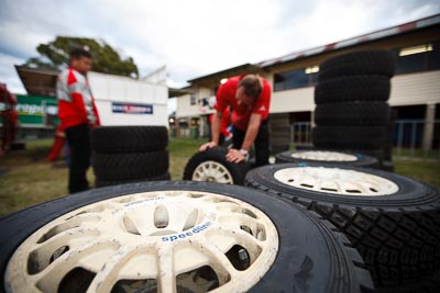 1-August-2010;APRC;Asia-Pacific-Rally-Championship;Australia;Imbil;QLD;Queensland;Sunshine-Coast;Team-MRF;auto;motorsport;racing;service-centre;service-park;tyres;wide-angle