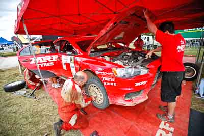 3;1-August-2010;APRC;Asia-Pacific-Rally-Championship;Australia;Evo-10;Gaurav-Gill;Glen-Macneall;Imbil;Mitsubishi-Lancer;Mitsubishi-Lancer-Evolution-X;QLD;Queensland;Sunshine-Coast;Team-MRF;auto;motorsport;racing;service-centre;service-park;wide-angle