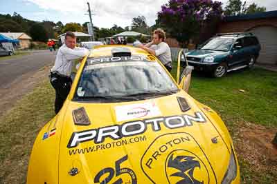 2;1-August-2010;APRC;Asia-Pacific-Rally-Championship;Australia;Chris-Atkinson;Imbil;Proton-Satria-Neo-S2000;QLD;Queensland;Stephane-Prevot;Sunshine-Coast;auto;motorsport;portrait;racing;service-centre;service-park;wide-angle