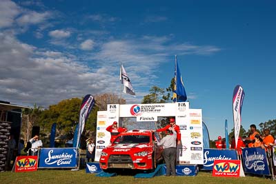 3;1-August-2010;APRC;Asia-Pacific-Rally-Championship;Australia;Evo-10;Gaurav-Gill;Glen-Macneall;Imbil;Mitsubishi-Lancer;Mitsubishi-Lancer-Evolution-X;QLD;Queensland;Sunshine-Coast;Team-MRF;Topshot;auto;celebration;clouds;motorsport;official-finish;podium;racing;sky;wide-angle