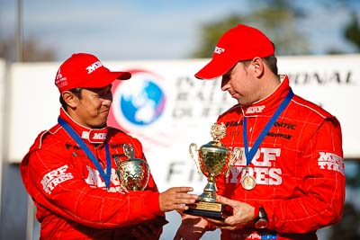 1-August-2010;APRC;Asia-Pacific-Rally-Championship;Australia;Chris-Murphy;Imbil;Katsu-Taguchi;QLD;Queensland;Sunshine-Coast;auto;celebration;motorsport;official-finish;podium;portrait;racing;telephoto