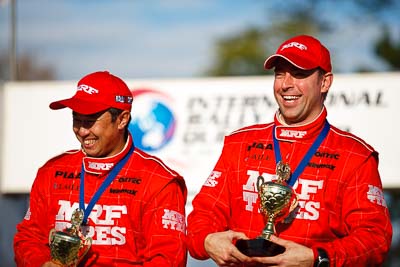 1-August-2010;APRC;Asia-Pacific-Rally-Championship;Australia;Chris-Murphy;Imbil;Katsu-Taguchi;QLD;Queensland;Sunshine-Coast;auto;celebration;motorsport;official-finish;podium;portrait;racing;telephoto