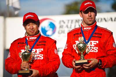 1-August-2010;APRC;Asia-Pacific-Rally-Championship;Australia;Chris-Murphy;Imbil;Katsu-Taguchi;QLD;Queensland;Sunshine-Coast;auto;celebration;motorsport;official-finish;podium;portrait;racing;telephoto