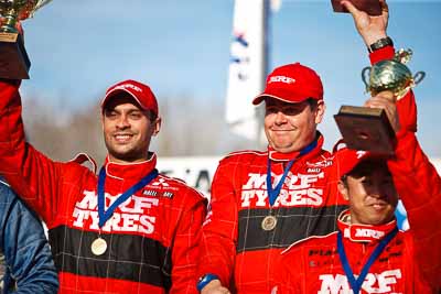 1-August-2010;APRC;Asia-Pacific-Rally-Championship;Australia;Gaurav-Gill;Glen-Macneall;Imbil;QLD;Queensland;Sunshine-Coast;auto;celebration;motorsport;official-finish;podium;portrait;racing;telephoto