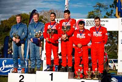 1-August-2010;APRC;Asia-Pacific-Rally-Championship;Australia;Chris-Murphy;Gaurav-Gill;Glen-Macneall;Glen-Raymond;Imbil;Katsu-Taguchi;Matt-Raymond;QLD;Queensland;Sunshine-Coast;auto;celebration;motorsport;official-finish;podium;portrait;racing;telephoto