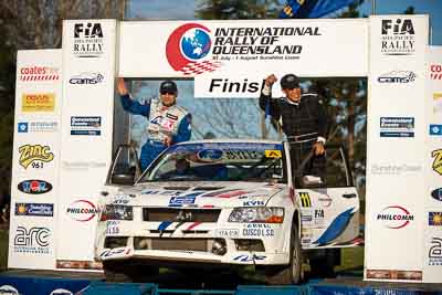 11;1-August-2010;APRC;Asia-Pacific-Rally-Championship;Atsushi-Masumura;Australia;Evo-7;Imbil;Mitsubishi-Lancer;Mitsubishi-Lancer-Evolution-VII;Osamu-Yoda;QLD;Queensland;Sunshine-Coast;Super-Alex-Troop;auto;celebration;motorsport;official-finish;podium;portrait;racing;telephoto