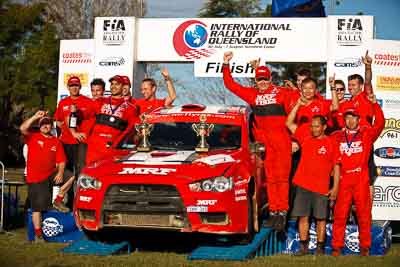 3;1-August-2010;APRC;Asia-Pacific-Rally-Championship;Australia;Evo-10;Gaurav-Gill;Glen-Macneall;Imbil;Mitsubishi-Lancer;Mitsubishi-Lancer-Evolution-X;QLD;Queensland;Sunshine-Coast;Team-MRF;Topshot;auto;celebration;motorsport;official-finish;podium;portrait;racing;telephoto