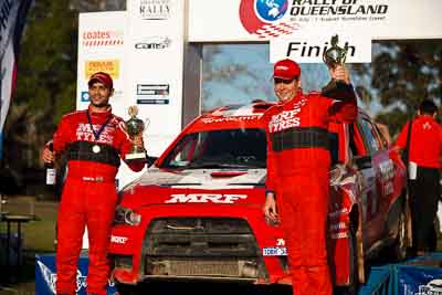 3;1-August-2010;APRC;Asia-Pacific-Rally-Championship;Australia;Evo-10;Gaurav-Gill;Glen-Macneall;Imbil;Mitsubishi-Lancer;Mitsubishi-Lancer-Evolution-X;QLD;Queensland;Sunshine-Coast;Team-MRF;auto;celebration;motorsport;official-finish;podium;portrait;racing;telephoto