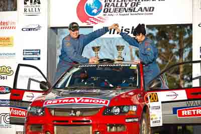 20;1-August-2010;ARC;Australia;Australian-Rally-Championship;Evo-9;Helen-Cheers;Imbil;Michael-Boaden;Mitsubishi-Lancer;Mitsubishi-Lancer-Evolution-IX;QLD;Queensland;Sunshine-Coast;auto;celebration;motorsport;official-finish;podium;portrait;racing;telephoto