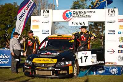 17;1-August-2010;ARC;Australia;Australian-Rally-Championship;Evo-10;Imbil;Lee-Tierney;Mark-Pedder;Mitsubishi-Lancer;Mitsubishi-Lancer-Evolution-X;Pedders-Suspension;QLD;Queensland;Sunshine-Coast;auto;celebration;motorsport;official-finish;podium;portrait;racing;telephoto