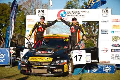 17;1-August-2010;ARC;Australia;Australian-Rally-Championship;Evo-10;Imbil;Lee-Tierney;Mark-Pedder;Mitsubishi-Lancer;Mitsubishi-Lancer-Evolution-X;Pedders-Suspension;QLD;Queensland;Sunshine-Coast;auto;celebration;motorsport;official-finish;podium;portrait;racing;telephoto