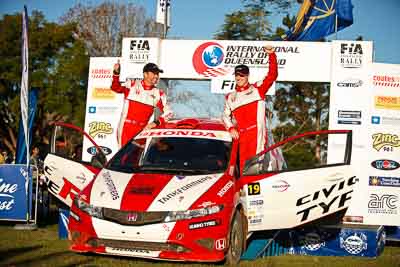 19;1-August-2010;ARC;Australia;Australian-Rally-Championship;Eli-Evans;Glen-Weston;Honda-Civic-Type-R;Imbil;QLD;Queensland;Sunshine-Coast;auto;celebration;motorsport;official-finish;podium;portrait;racing;telephoto