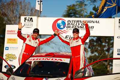 19;1-August-2010;ARC;Australia;Australian-Rally-Championship;Eli-Evans;Glen-Weston;Honda-Civic-Type-R;Imbil;QLD;Queensland;Sunshine-Coast;auto;celebration;motorsport;official-finish;podium;portrait;racing;telephoto