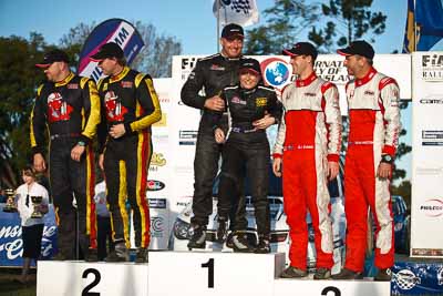 1-August-2010;ARC;Australia;Australian-Rally-Championship;Eli-Evans;Glen-Weston;Imbil;Lee-Tierney;Mark-Pedder;QLD;Queensland;Simon-Evans;Sue-Evans;Sunshine-Coast;auto;celebration;motorsport;official-finish;podium;portrait;racing;telephoto