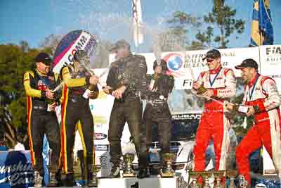 1-August-2010;ARC;Australia;Australian-Rally-Championship;Eli-Evans;Glen-Weston;Imbil;Lee-Tierney;Mark-Pedder;QLD;Queensland;Simon-Evans;Sue-Evans;Sunshine-Coast;auto;celebration;motorsport;official-finish;podium;portrait;racing;telephoto