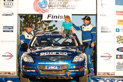 30;1-August-2010;ARC;Australia;Australian-Rally-Championship;Harvey-Smith;Hyundai-i30-CRDi;Imbil;Mick-Gillett;QLD;Queensland;Sunshine-Coast;auto;celebration;motorsport;official-finish;podium;racing;telephoto