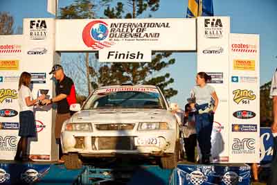 32;1-August-2010;Australia;Erik-Johnsson;Erin-Kelly;Evo-6;Imbil;Mitsubishi-Lancer;Mitsubishi-Lancer-Evolution-VI;QLD;QRC;Queensland;Queensland-Rally-Championship;Sunshine-Coast;auto;celebration;motorsport;official-finish;podium;racing;telephoto