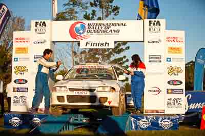 35;1-August-2010;Australia;Imbil;Joanne-ODell;Mitsubishi-Lancer-Evolution-I;QLD;QRC;Queensland;Queensland-Rally-Championship;Robert-Bishop;Sunshine-Coast;auto;celebration;motorsport;official-finish;podium;racing;telephoto