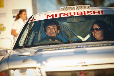 35;1-August-2010;Australia;Imbil;Joanne-ODell;Mitsubishi-Lancer-Evolution-I;QLD;QRC;Queensland;Queensland-Rally-Championship;Robert-Bishop;Sunshine-Coast;auto;celebration;motorsport;official-finish;podium;racing;telephoto