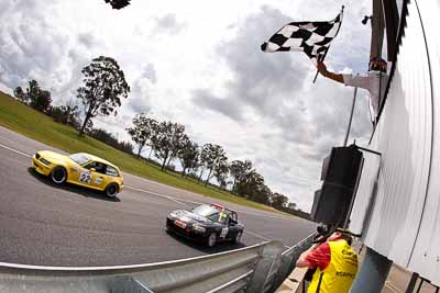 22;23;26-September-2010;Australia;BMW-M-Coupe;Ben-Cook;Brian-Anderson;Chris-Gough;Mazda-MX‒5;Mazda-MX5;Mazda-Miata;Mike-Calcutt;Morgan-Park-Raceway;QLD;Queensland;Warwick;auto;chequered-flag;clouds;finish;fisheye;motorsport;racing;sky