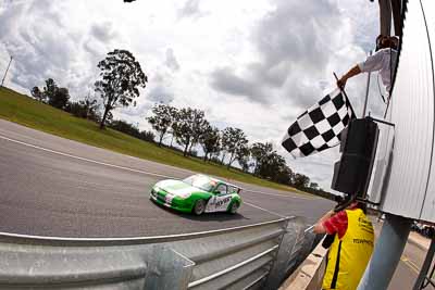 6;26-September-2010;Australia;John-Goodacre;Morgan-Park-Raceway;Porsche-996-GT3-Cup;QLD;Queensland;Warwick;auto;chequered-flag;clouds;finish;fisheye;motorsport;racing;sky